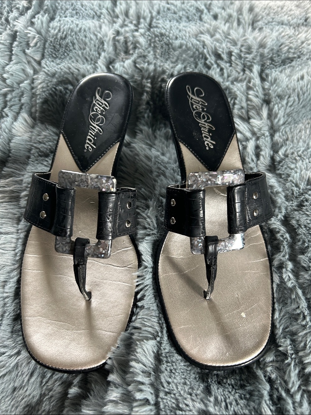 Life Stride Black Thong Sandals with Silver Accent Buckle